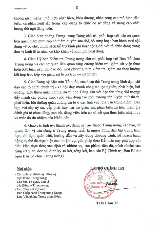 Kết luận số 58-KL/TW của Bộ Chính trị về tổ chức cơ sở đảng và nâng cao chất lượng đội ngũ đảng viên- Ảnh 8.