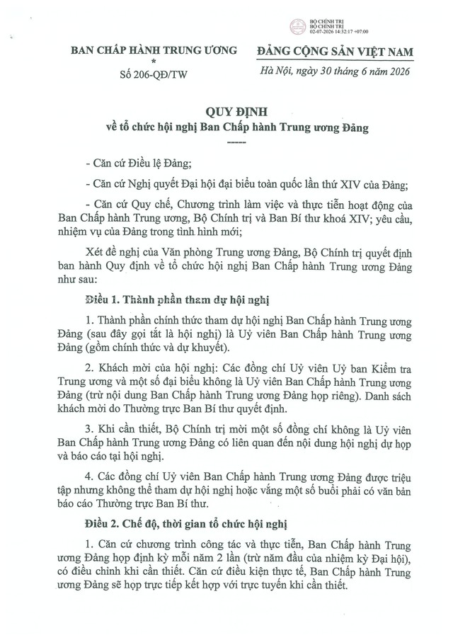 Quy định số 206-QĐ/TW của Bộ Chính trị về tổ chức Hội nghị Ban Chấp hành Trung ương Đảng- Ảnh 2.