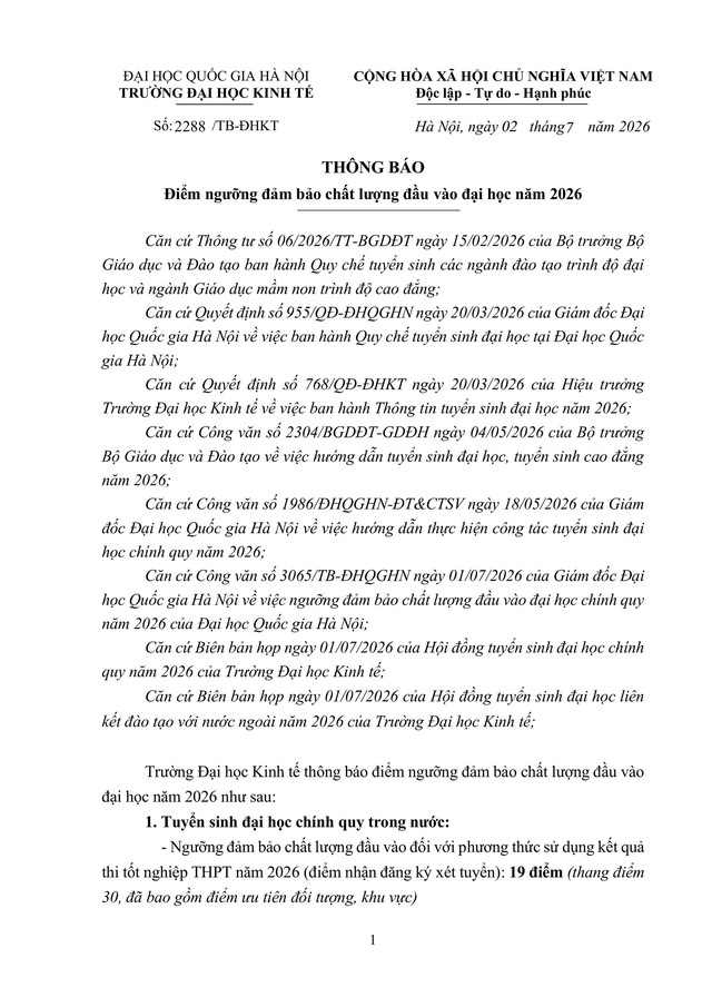 Trường Đại học Kinh tế, ĐHQG Hà Nội công bố ĐIỂM SÀN, QUY ĐỔI ĐIỂM tuyển sinh 2026- Ảnh 1.
