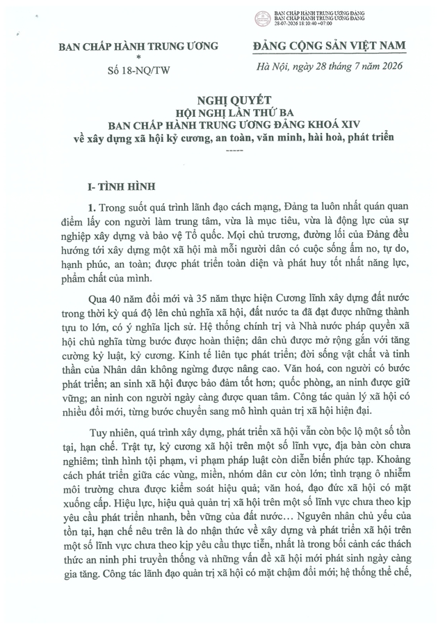 TOÀN VĂN: Nghị quyết số 18-NQ/TW về xây dựng xã hội kỷ cương, an toàn, văn minh, hài hòa, phát triển- Ảnh 1.