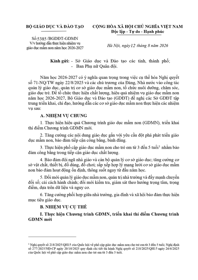 Công văn số 5385/BGDĐT-GDMN: Hướng dẫn thực hiện nhiệm vụ giáo dục mầm non năm học 2026-2027- Ảnh 3.