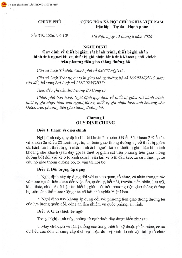 TOÀN VĂN: Nghị định 319/2026/NĐ-CP quy định về thiết bị giám sát hành trình, thiết bị ghi nhận hình ảnh người lái xe, khoang chở khách trên phương tiện giao thông đường bộ- Ảnh 1.