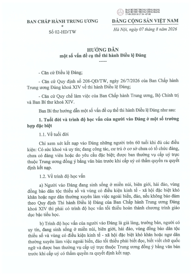 Hướng dẫn số 02-HD/TW về một số vấn đề cụ thể thi hành Điều lệ Đảng- Ảnh 1.