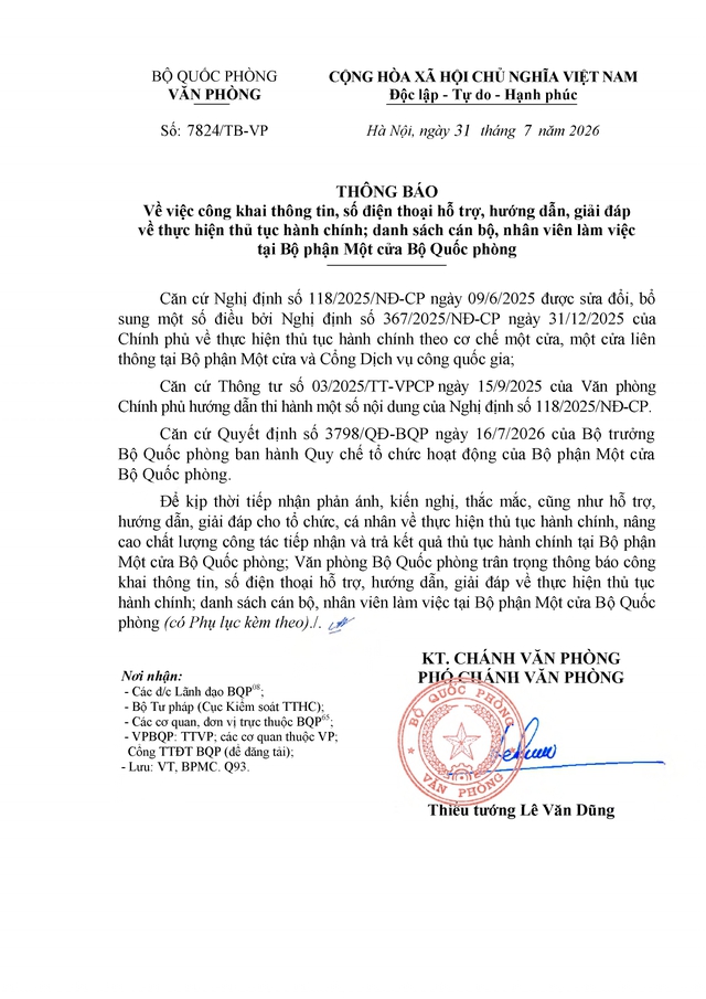 Bộ Quốc phòng: Công khai số điện thoại, danh sách cán bộ hỗ trợ, hướng dẫn thực hiện thủ tục hành chính tại Bộ phận Một cửa- Ảnh 1.