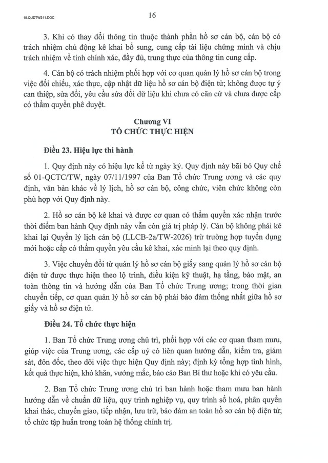Quy định số 211-QĐ/TW về quản lý hồ sơ cán bộ- Ảnh 17.