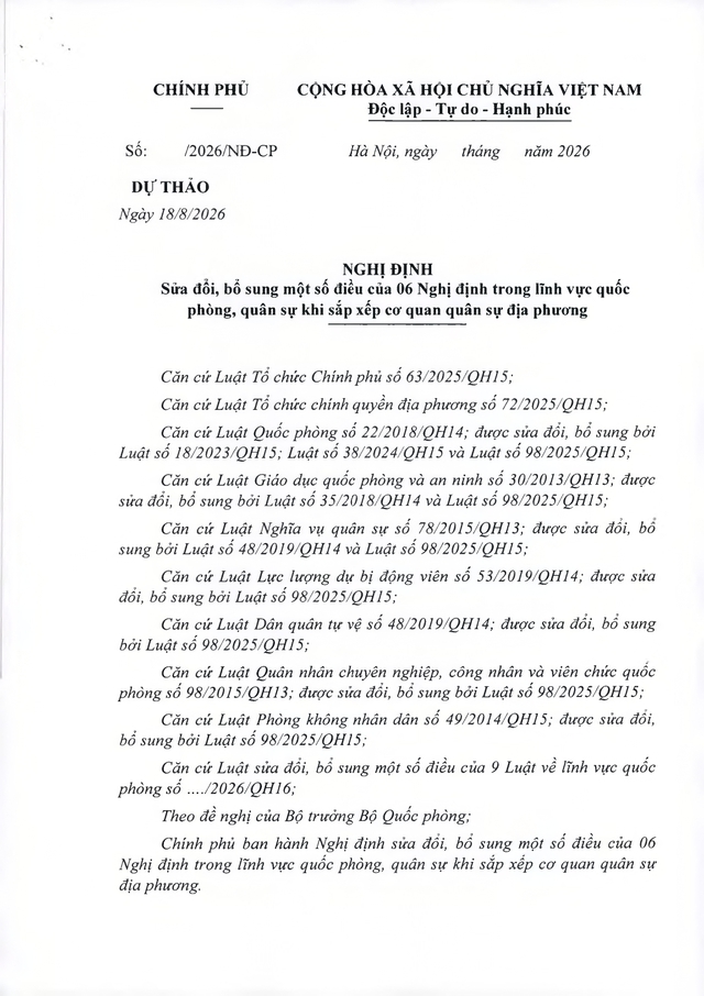 Dự thảo sửa 6 Nghị định lĩnh vực quốc phòng, quân sự khi sắp xếp cơ quan quân sự địa phương- Ảnh 14.