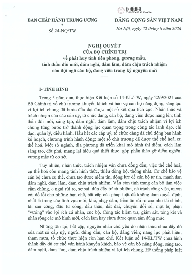 Nghị quyết số 24-NQ/TW về phát huy tính tiên phong, gương mẫu, tinh thần đổi mới, dám nghĩ, dám làm, dám chịu trách nhiệm của đội ngũ cán bộ, đảng viên trong kỷ nguyên mới- Ảnh 1.