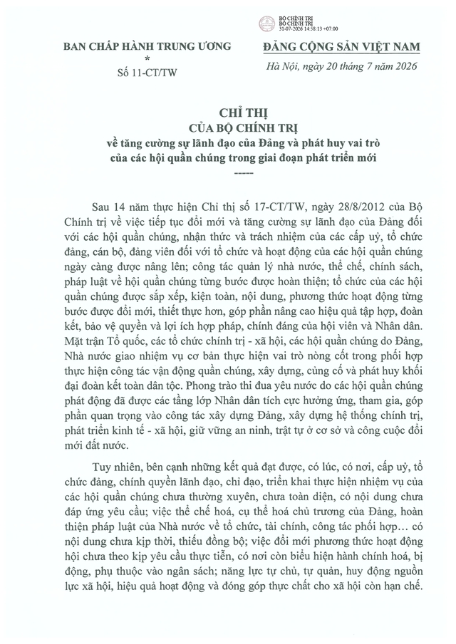 Chỉ thị số 11-CT/TW của Bộ Chính trị về tăng cường sự lãnh đạo của Đảng và phát huy vai trò của các hội quần chúng trong giai đoạn phát triển mới- Ảnh 2.