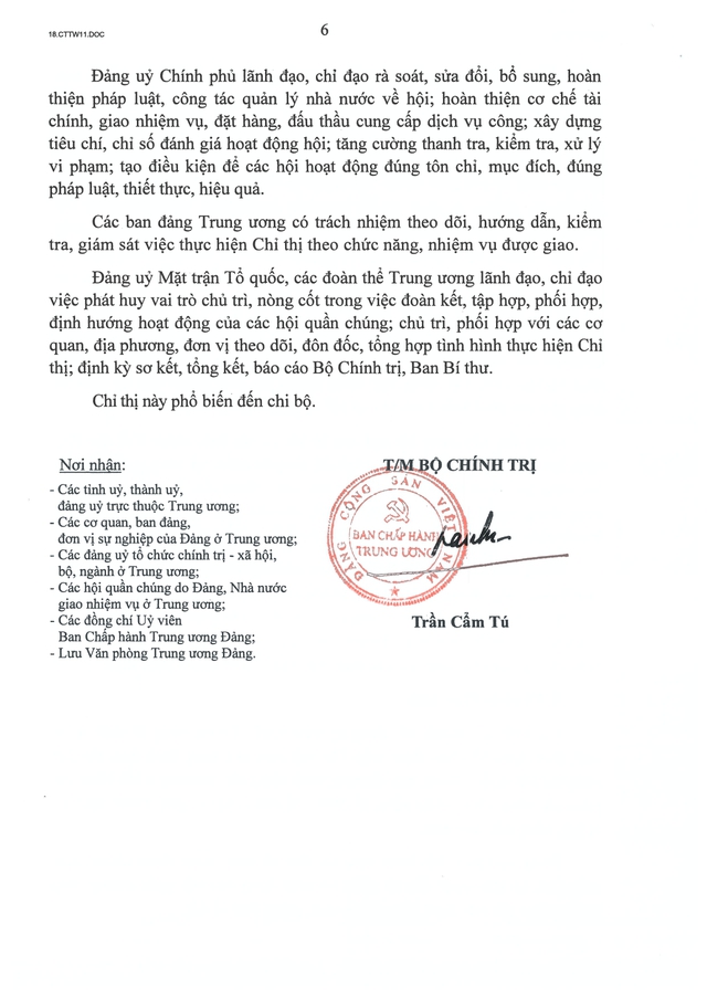Chỉ thị số 11-CT/TW của Bộ Chính trị về tăng cường sự lãnh đạo của Đảng và phát huy vai trò của các hội quần chúng trong giai đoạn phát triển mới- Ảnh 7.