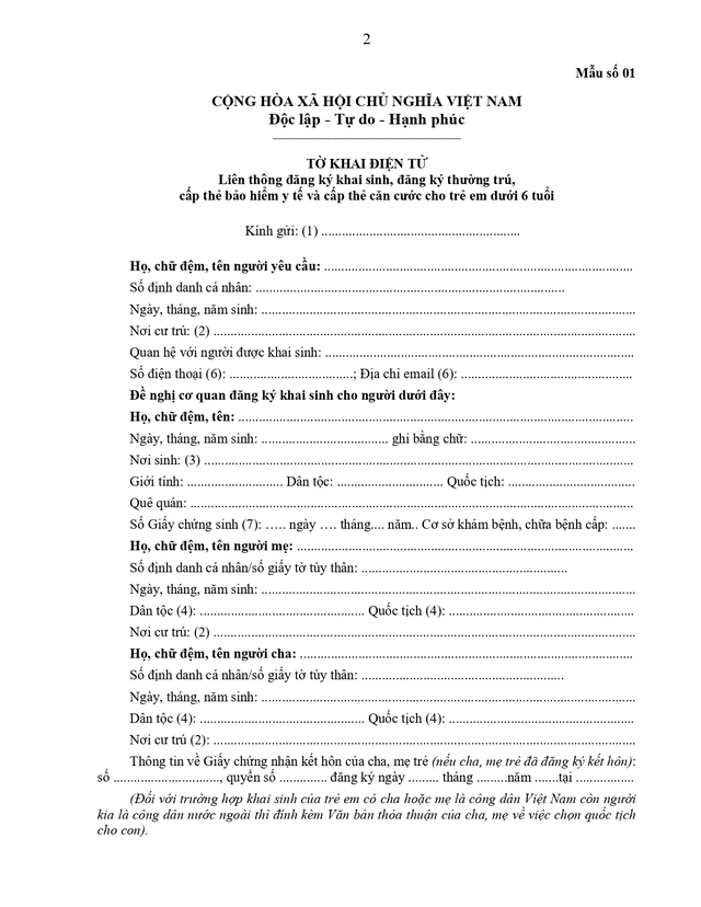 Mẫu Tờ khai điện tử liên thông đăng ký khai sinh, thường trú, cấp thẻ bảo hiểm y tế, căn cước công dân cho trẻ em dưới 6 tuổi- Ảnh 1.