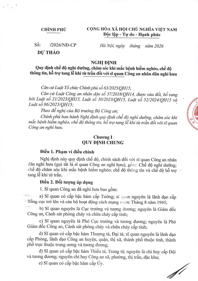 Dự thảo Nghị định quy định chế độ nghỉ dưỡng, chăm sóc, hỗ trợ tang lễ với sĩ quan Công an nghỉ hưu- Ảnh 1.