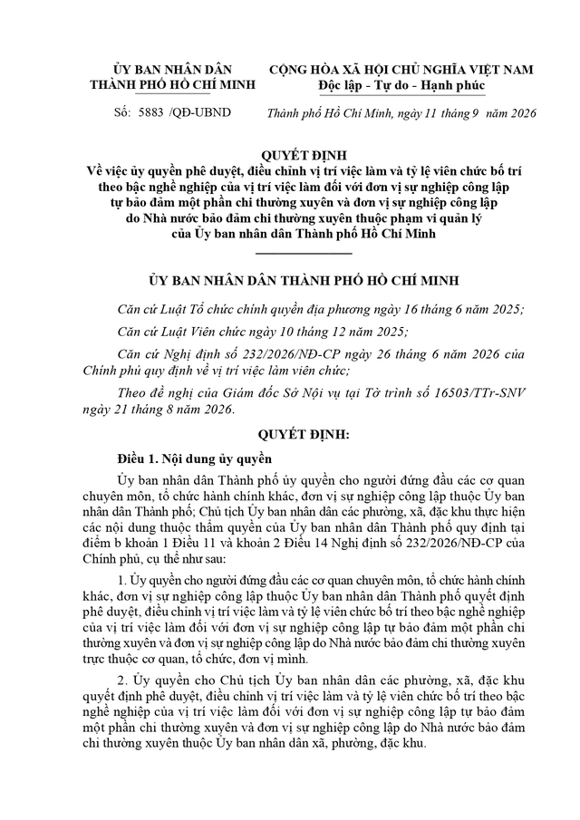 Quyết định số 5883/QĐ-UBND: Ủy quyền phê duyệt, điều chỉnh vị trí việc làm và tỷ lệ viên chức bố trí theo bậc nghề nghiệp của vị trí việc làm- Ảnh 3.