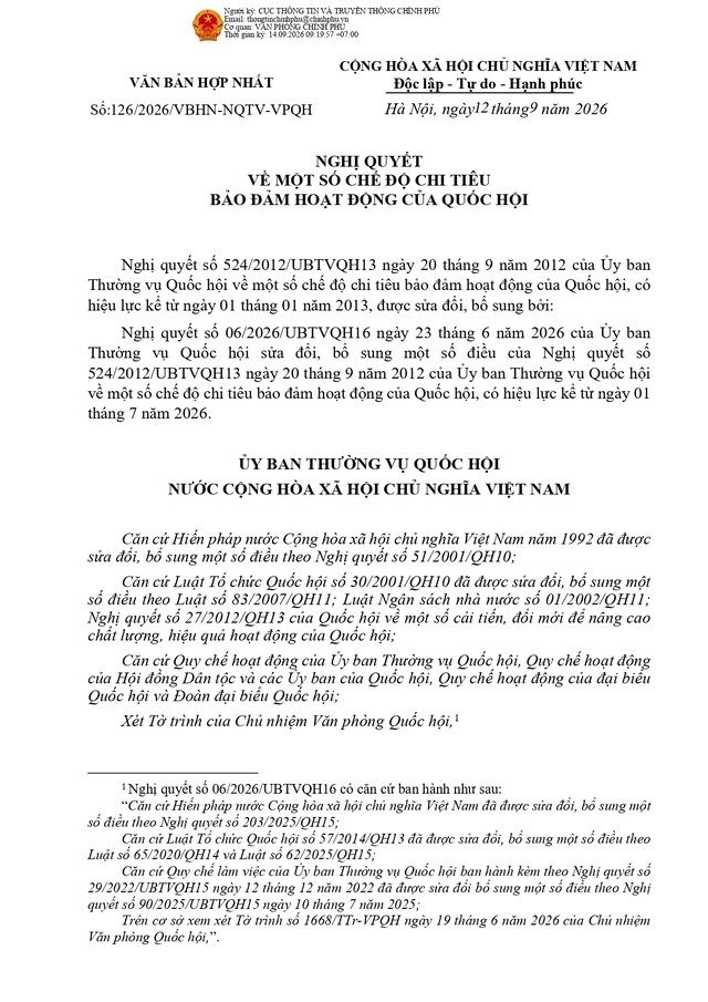 VĂN BẢN HỢP NHẤT: Nghị quyết về chế độ chi tiêu bảo đảm hoạt động của Quốc hội- Ảnh 1.