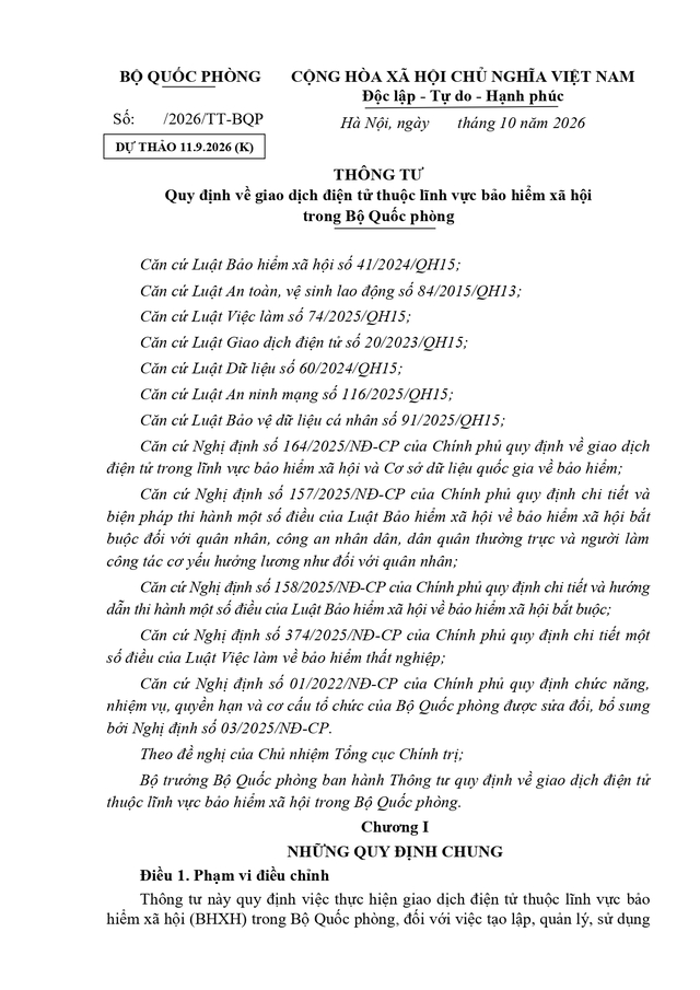 Toàn văn dự thảo Thông tư quy định về giao dịch điện tử thuộc lĩnh vực bảo hiểm xã hội trong Bộ Quốc phòng- Ảnh 1.