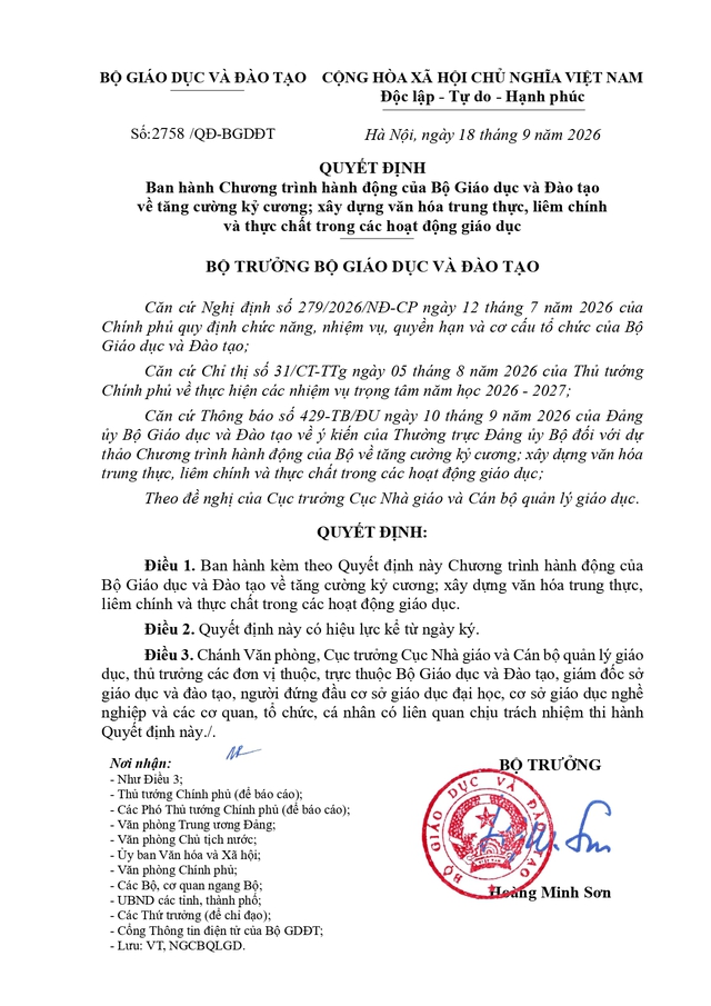 Chương trình hành động tăng cường kỷ cương, xây dựng văn hóa trung thực, liêm chính và thực chất trong các hoạt động giáo dục- Ảnh 1.