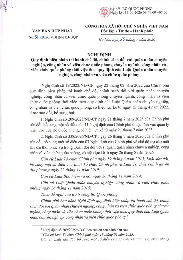 Nghị định quy định chế độ, chính sách đối với quân nhân chuyên nghiệp, công nhân, viên chức quốc phòng chuyển ngành, thôi việc- Ảnh 1.