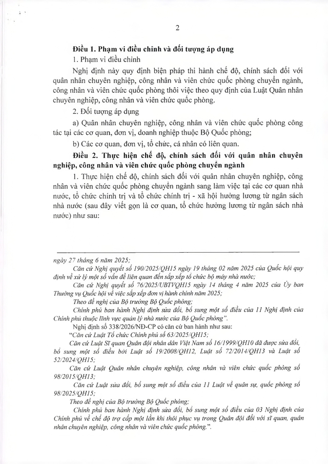 Nghị định quy định chế độ, chính sách đối với quân nhân chuyên nghiệp, công nhân, viên chức quốc phòng chuyển ngành, thôi việc- Ảnh 2.