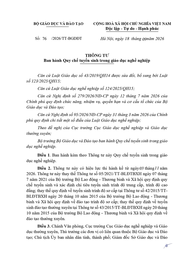 Thông tư số 76/2026/TT-BGDĐT quy chế tuyển sinh trong giáo dục nghề nghiệp- Ảnh 2.