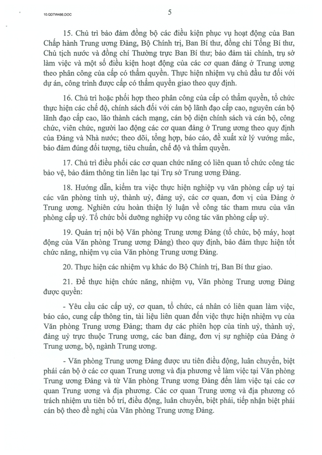Quyết định số 486-QĐ/TW về chức năng, nhiệm vụ, tổ chức bộ máy của Văn phòng Trung ương Đảng- Ảnh 5.