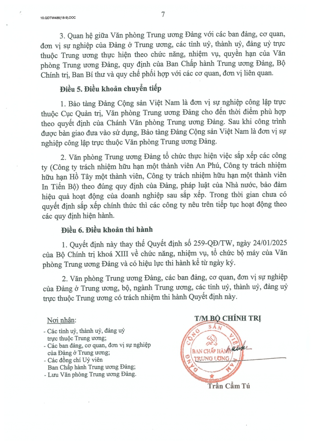 Quyết định số 486-QĐ/TW về chức năng, nhiệm vụ, tổ chức bộ máy của Văn phòng Trung ương Đảng- Ảnh 7.