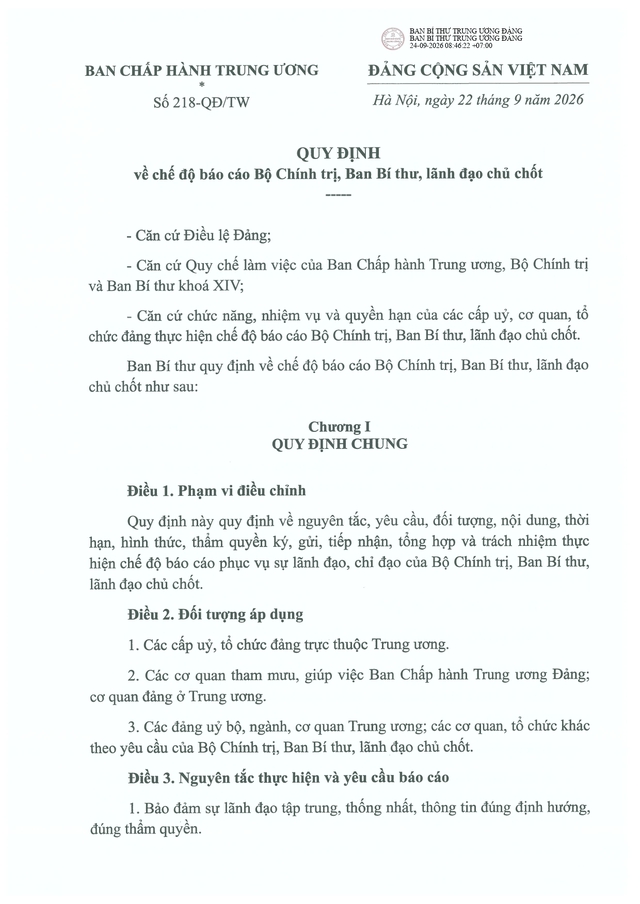 Quy định số 218-QĐ/TW về chế độ báo cáo Bộ Chính trị, Ban Bí thư, lãnh đạo chủ chốt- Ảnh 1.