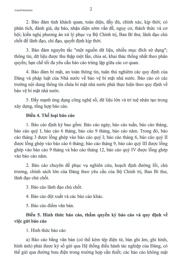 Quy định số 218-QĐ/TW về chế độ báo cáo Bộ Chính trị, Ban Bí thư, lãnh đạo chủ chốt- Ảnh 2.