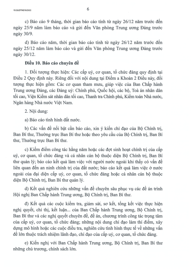 Quy định số 218-QĐ/TW về chế độ báo cáo Bộ Chính trị, Ban Bí thư, lãnh đạo chủ chốt- Ảnh 6.