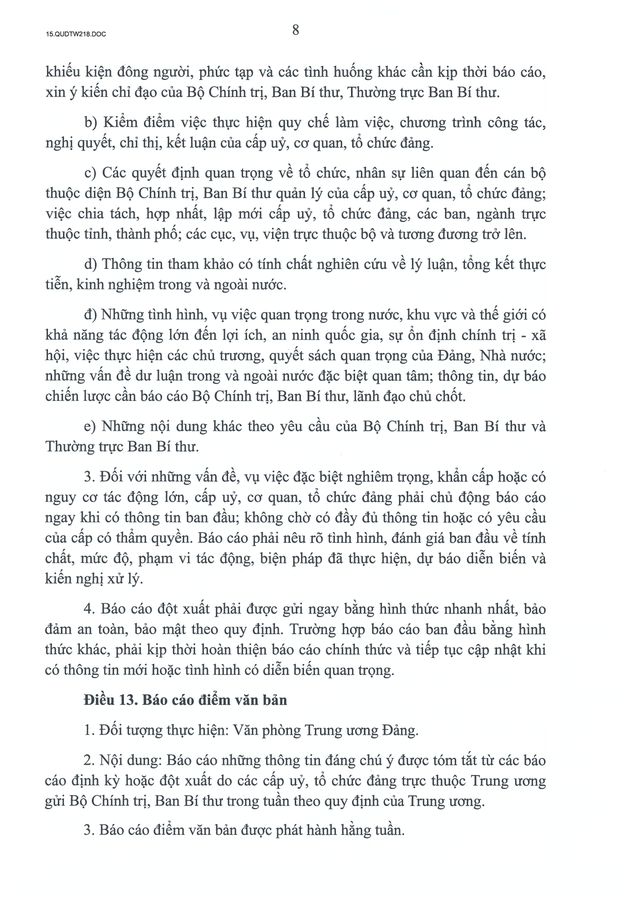 Quy định số 218-QĐ/TW về chế độ báo cáo Bộ Chính trị, Ban Bí thư, lãnh đạo chủ chốt- Ảnh 8.