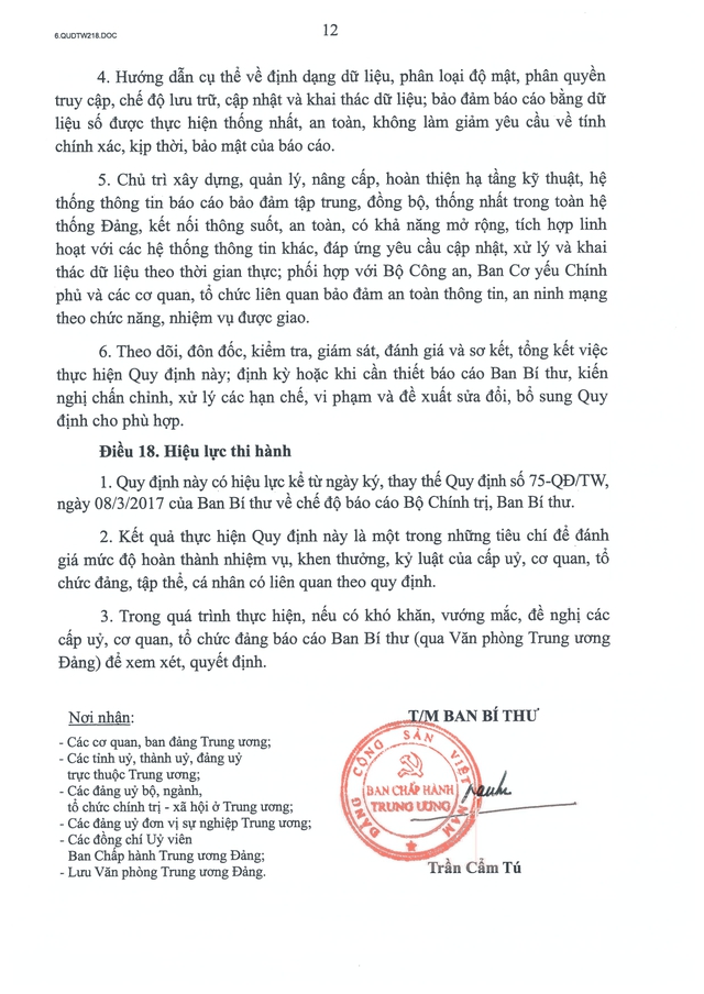 Quy định số 218-QĐ/TW về chế độ báo cáo Bộ Chính trị, Ban Bí thư, lãnh đạo chủ chốt- Ảnh 12.
