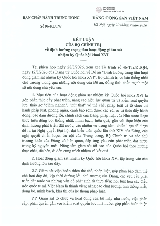 Kết luận số 96-KL/TW: Bộ Chính trị định hướng trọng tâm hoạt động giám sát nhiệm kỳ Quốc hội khóa XVI- Ảnh 1.