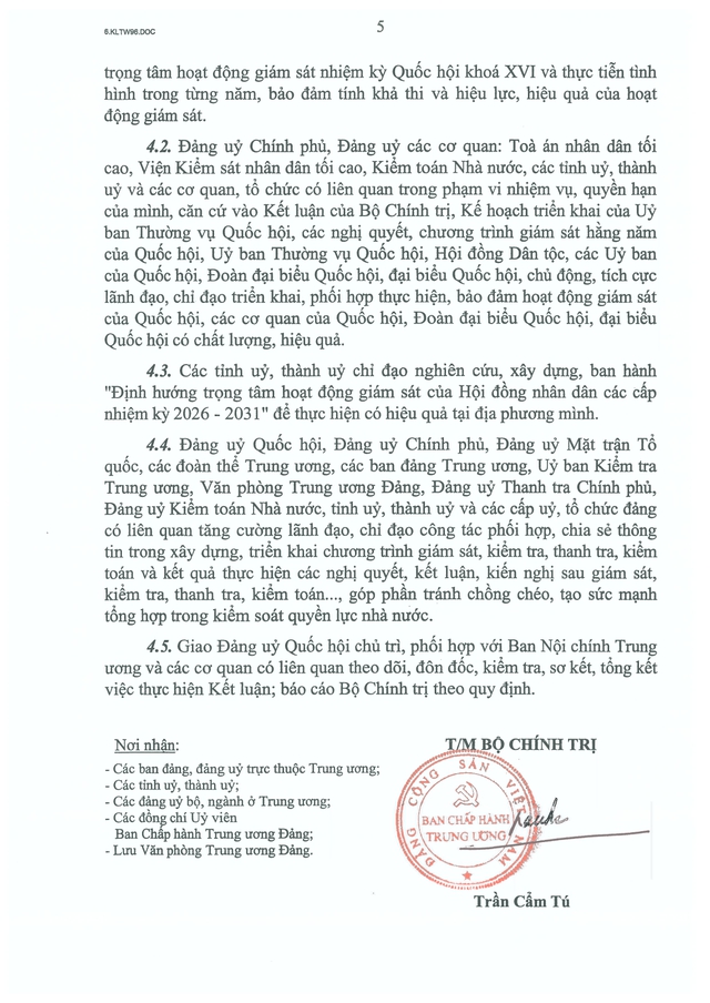 Kết luận số 96-KL/TW: Bộ Chính trị định hướng trọng tâm hoạt động giám sát nhiệm kỳ Quốc hội khóa XVI- Ảnh 5.
