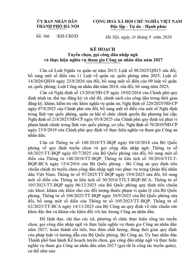 Chi tiết kế hoạch tuyển chọn, gọi công dân nhập ngũ; thực hiện nghĩa vụ tham gia Công an nhân dân 2027 của Hà Nội- Ảnh 2.