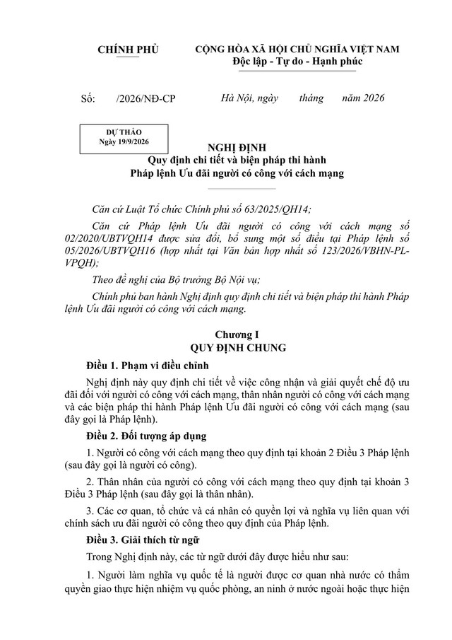 Dự thảo Nghị định quy định chi tiết và biện pháp thi hành Pháp lệnh Ưu đãi người có công với cách mạng- Ảnh 1.