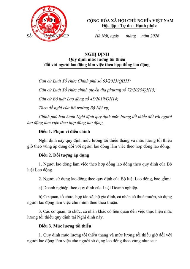 Dự thảo Nghị định quy định mức lương tối thiểu với hợp đồng lao động- Ảnh 1.