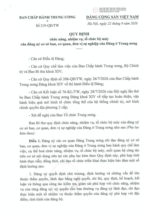 Quy định số 219-QĐ/TW về chức năng, nhiệm vụ, tổ chức bộ máy của đảng ủy cơ sở ban, cơ quan, đơn vị sự nghiệp của Đảng ở Trung ương- Ảnh 1.