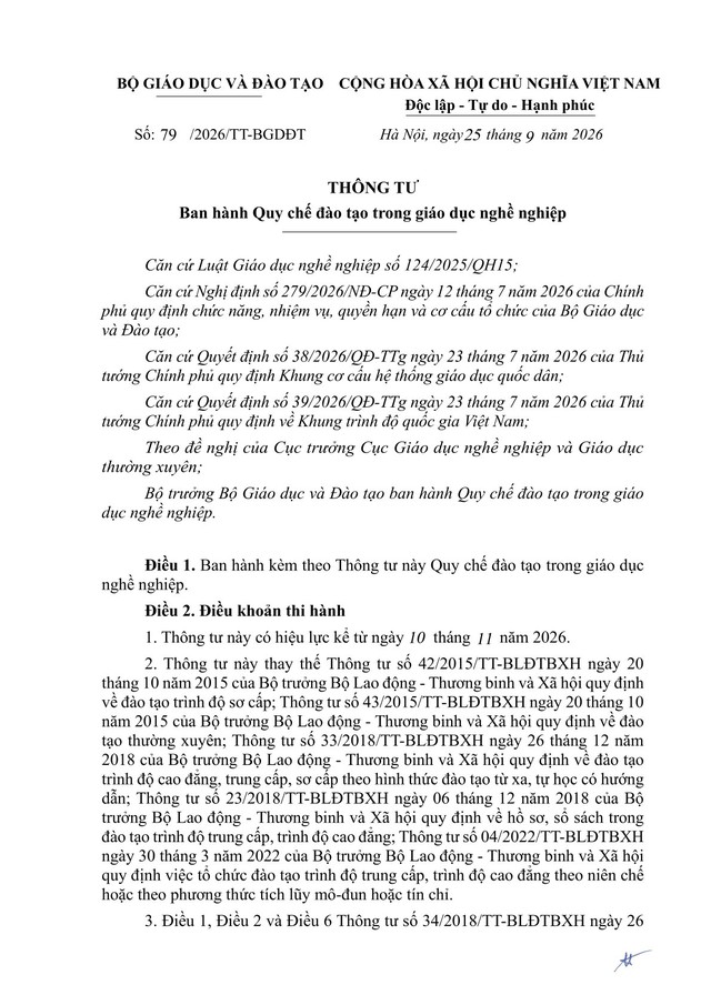 Thông tư số 79/2026/TT-BGDĐT quy chế đào tạo trong giáo dục nghề nghiệp- Ảnh 1.
