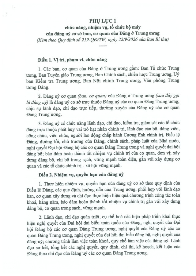 Quy định số 219-QĐ/TW về chức năng, nhiệm vụ, tổ chức bộ máy của đảng ủy cơ sở ban, cơ quan, đơn vị sự nghiệp của Đảng ở Trung ương- Ảnh 3.