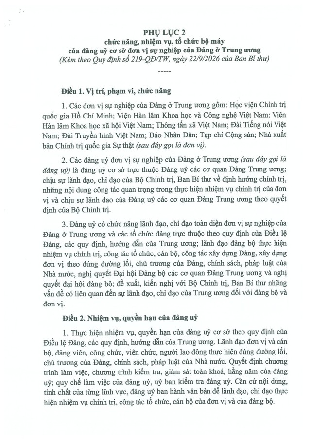 Quy định số 219-QĐ/TW về chức năng, nhiệm vụ, tổ chức bộ máy của đảng ủy cơ sở ban, cơ quan, đơn vị sự nghiệp của Đảng ở Trung ương- Ảnh 10.