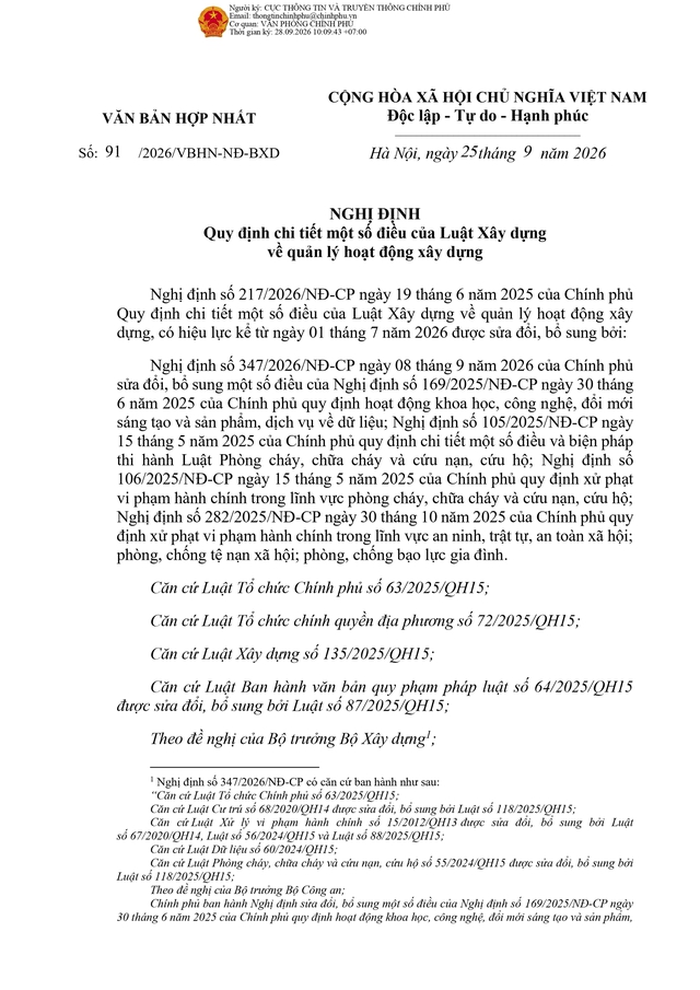 Văn bản hợp nhất 91/2026/VBHN-NĐ-BXD về quản lý hoạt động xây dựng- Ảnh 1.