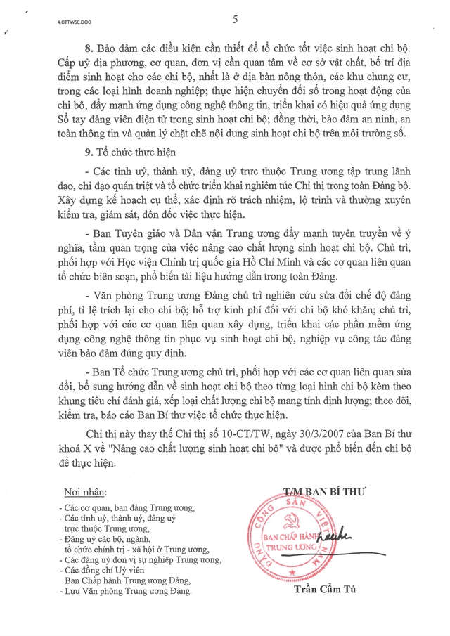 Chỉ thị số 50-CT/TW của Ban Bí thư về tiếp tục đổi mới và nâng cao chất lượng sinh hoạt chi bộ- Ảnh 5.