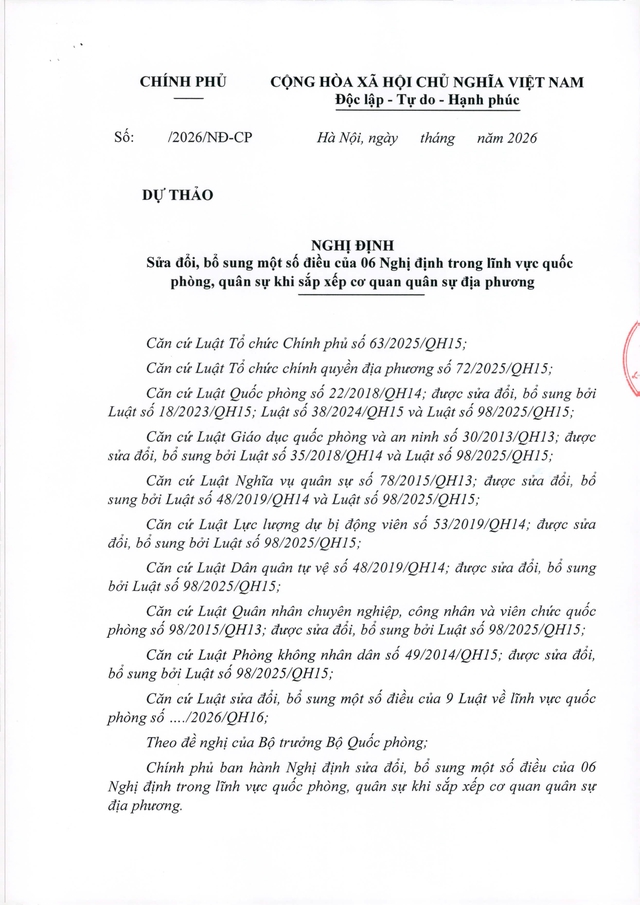 Dự thảo Nghị định Sửa đổi, bổ sung một số điều của 6 Nghị định lĩnh vực quốc phòng sau sắp xếp - Ảnh 1.