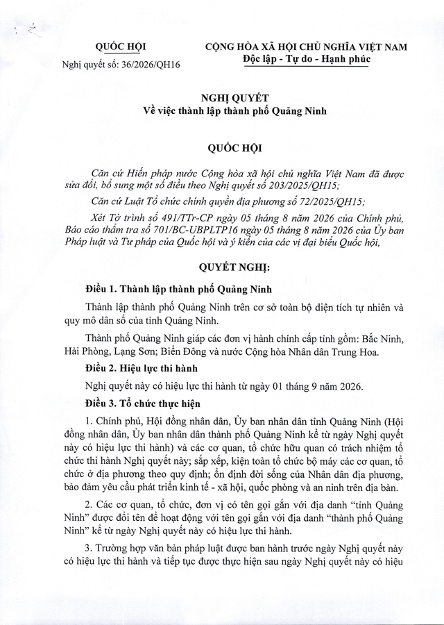 TOÀN VĂN: Nghị quyết số 36/2026/QH16 thành lập THÀNH PHỐ QUẢNG NINH từ 1/9/2026- Ảnh 1.