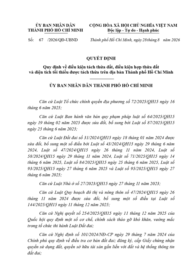 QUY ĐỊNH MỚI: Điều kiện tách thửa đất, hợp thửa đất, diện tích tối thiểu được tách thửa trên địa bàn TPHCM- Ảnh 2.