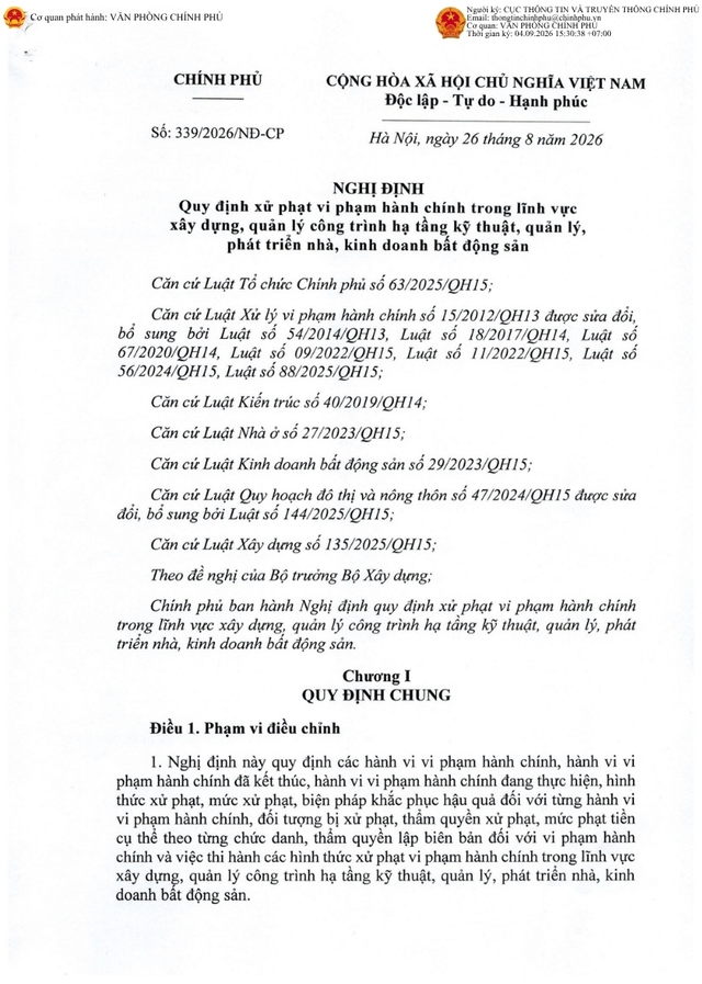 Nghị định số 339/2026/NĐ-CP quy định xử phạt vi phạm hành chính trong lĩnh vực xây dựng, quản lý công trình hạ tầng kỹ thuật, quản lý, phát triển nhà, kinh doanh bất động sản- Ảnh 1.