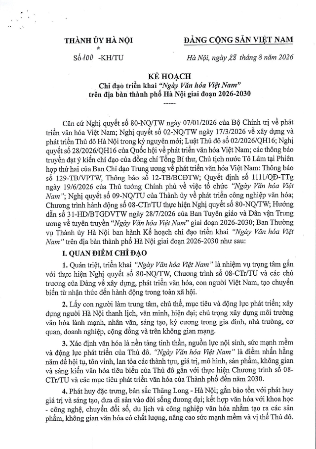 Kế hoạch số 100-KH/TU triển khai "Ngày Văn hóa Việt Nam" trên địa bàn Hà Nội- Ảnh 2.