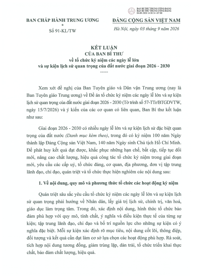 Kết luận số 91-KL/TW của Ban Bí thư về tổ chức kỷ niệm các ngày lễ lớn và sự kiện lịch sử quan trọng của đất nước giai đoạn 2026-2030- Ảnh 2.