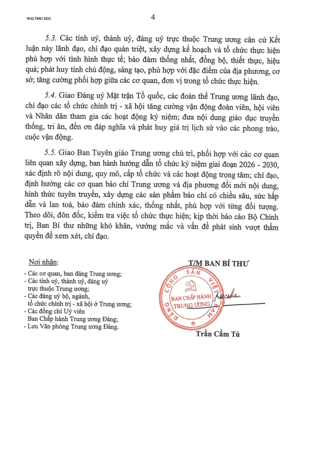 Kết luận số 91-KL/TW của Ban Bí thư về tổ chức kỷ niệm các ngày lễ lớn và sự kiện lịch sử quan trọng của đất nước giai đoạn 2026-2030- Ảnh 5.