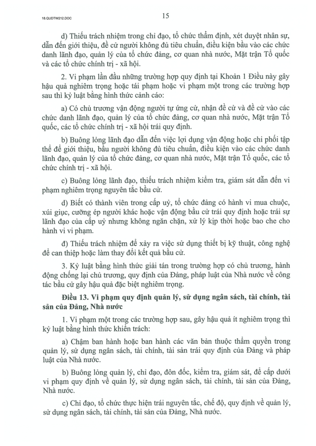 TOÀN VĂN: Quy định số 212-QĐ/TW của Bộ Chính trị quy định về kỷ luật tổ chức đảng, đảng viên vi phạm- Ảnh 15.