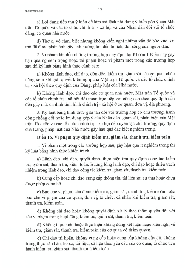 TOÀN VĂN: Quy định số 212-QĐ/TW của Bộ Chính trị quy định về kỷ luật tổ chức đảng, đảng viên vi phạm- Ảnh 17.