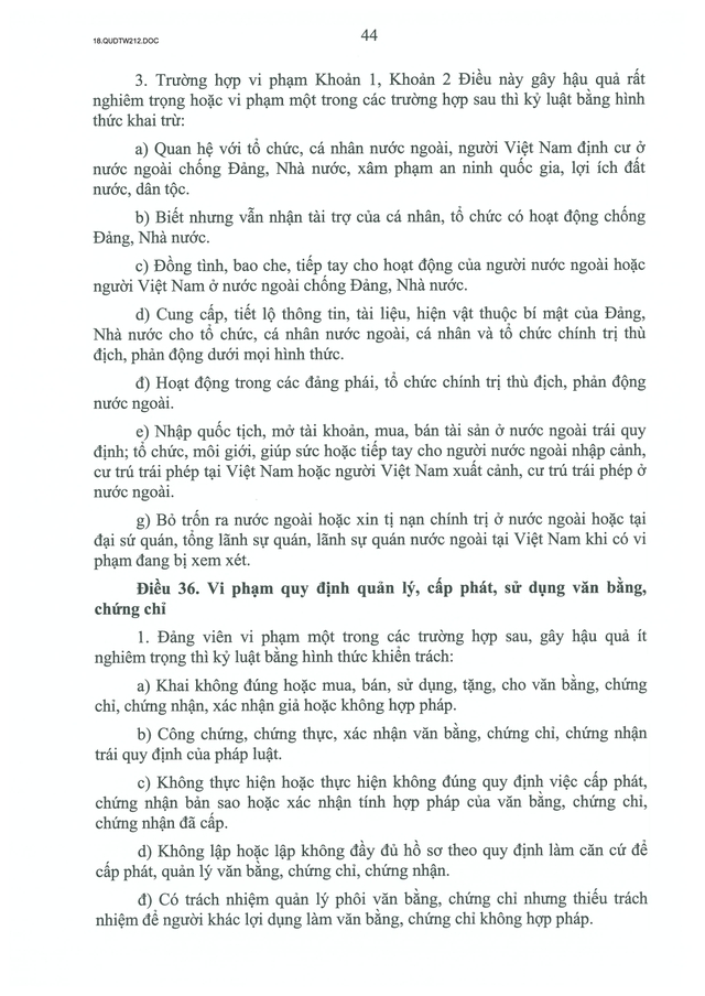 TOÀN VĂN: Quy định số 212-QĐ/TW của Bộ Chính trị quy định về kỷ luật tổ chức đảng, đảng viên vi phạm- Ảnh 44.